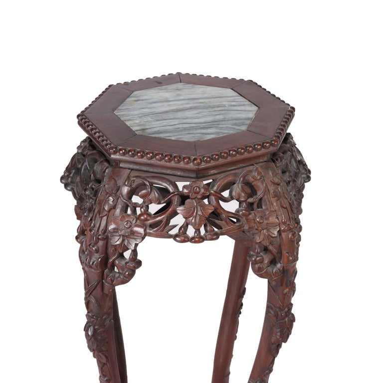 Antique Chinese Floral Carved Hardwood Marble Top Stand C1910