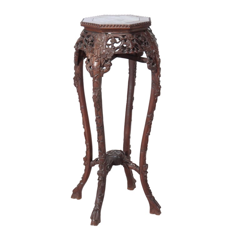 Antique Chinese Floral Carved Hardwood Marble Top Stand C1910