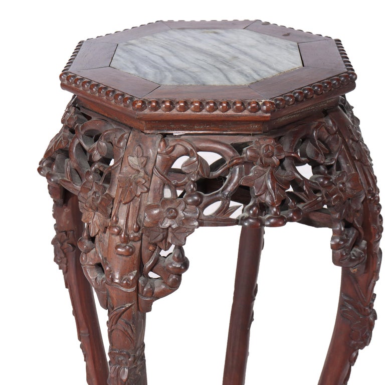 Antique Chinese Floral Carved Hardwood Marble Top Stand C1910