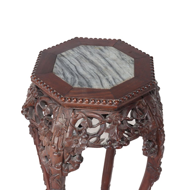 Antique Chinese Floral Carved Hardwood Marble Top Stand C1910