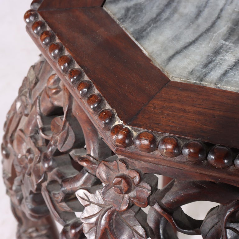 Antique Chinese Floral Carved Hardwood Marble Top Stand C1910