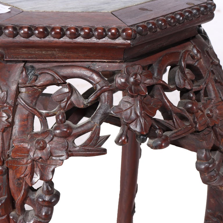 Antique Chinese Floral Carved Hardwood Marble Top Stand C1910