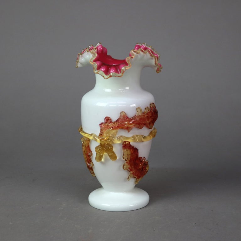 Antique Stevens & Williams Satinware Art Glass with Applied Leaf & Acorn c1890