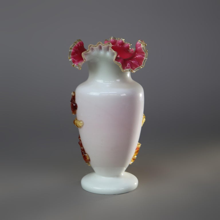 Antique Stevens & Williams Satinware Art Glass with Applied Leaf & Acorn c1890