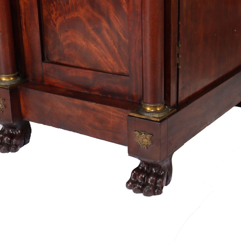 Antique Boston Period Napoleonic Flame Mahogany Double Pedestal Sideboard c1820