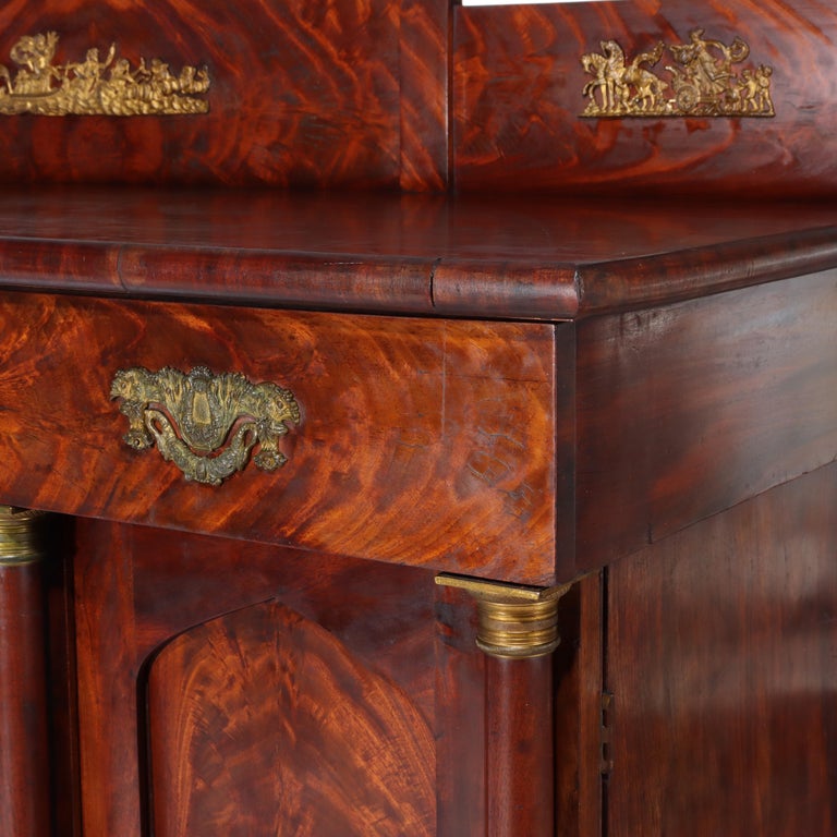 Antique Boston Period Napoleonic Flame Mahogany Double Pedestal Sideboard c1820