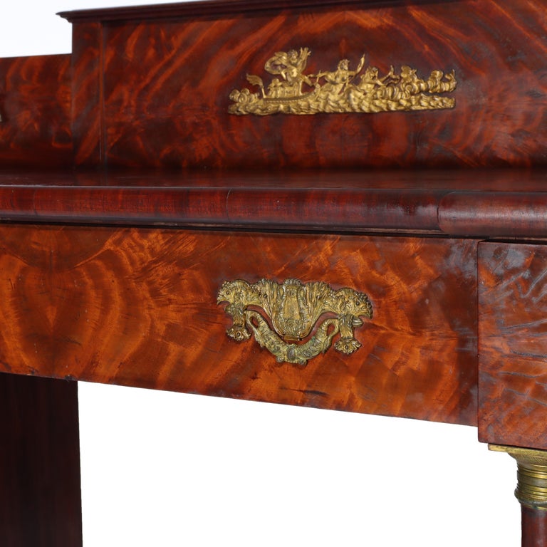Antique Boston Period Napoleonic Flame Mahogany Double Pedestal Sideboard c1820