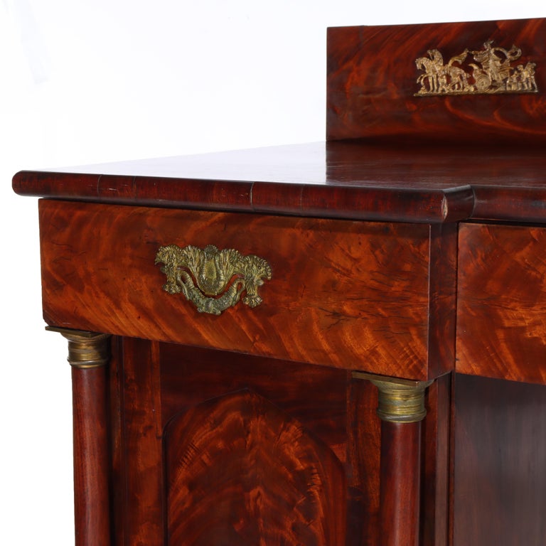 Antique Boston Period Napoleonic Flame Mahogany Double Pedestal Sideboard c1820