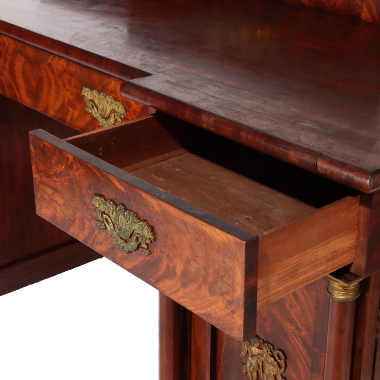 Antique Boston Period Napoleonic Flame Mahogany Double Pedestal Sideboard c1820