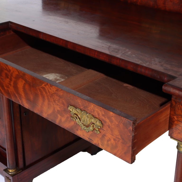 Antique Boston Period Napoleonic Flame Mahogany Double Pedestal Sideboard c1820