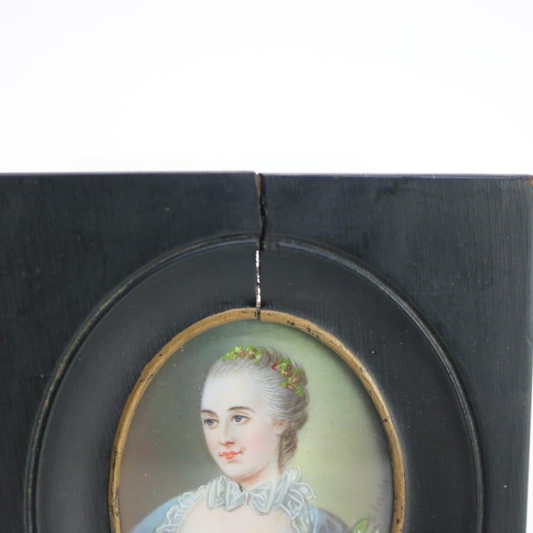 Miniature Antique French Portrait Painting on Celluloid of Woman, Framed, C1880