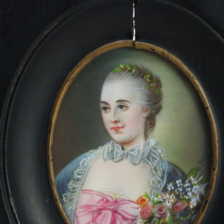 Miniature Antique French Portrait Painting on Celluloid of Woman, Framed, C1880