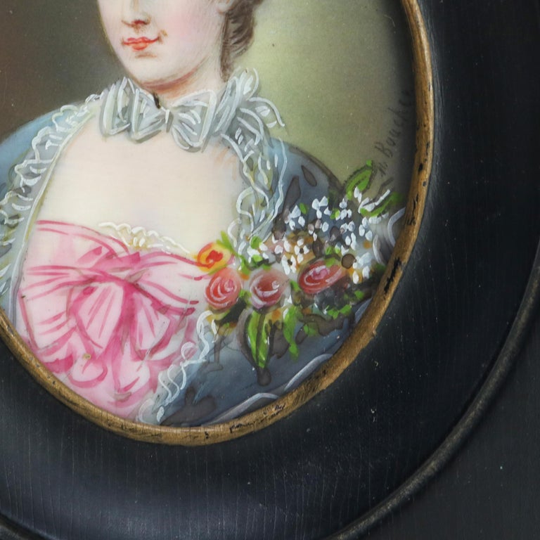 Miniature Antique French Portrait Painting on Celluloid of Woman, Framed, C1880
