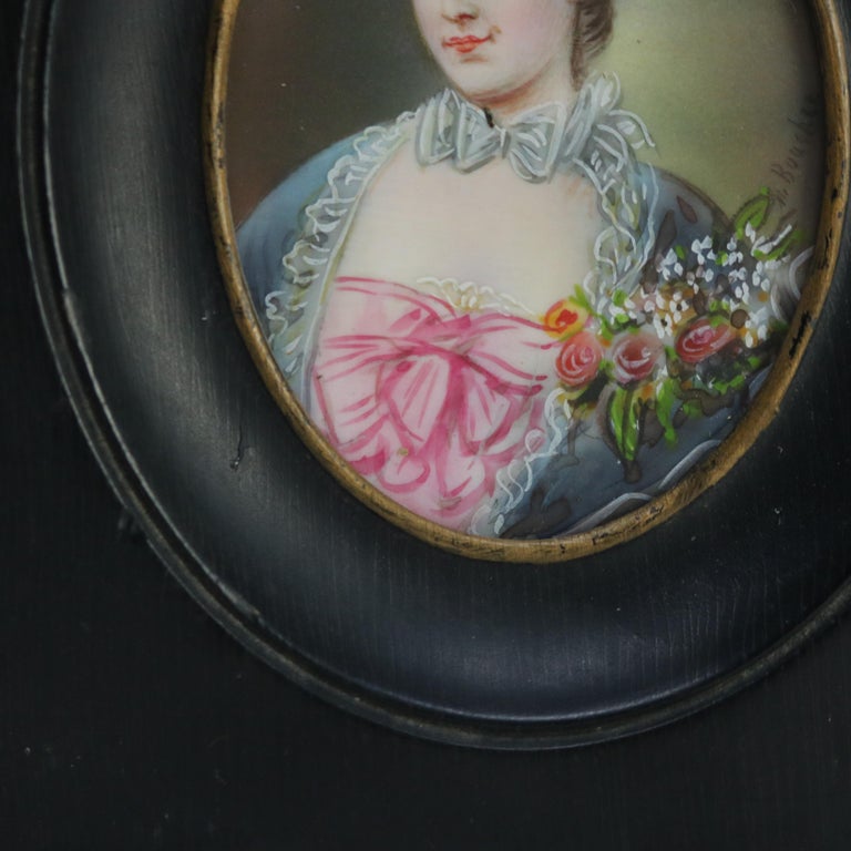 Miniature Antique French Portrait Painting on Celluloid of Woman, Framed, C1880
