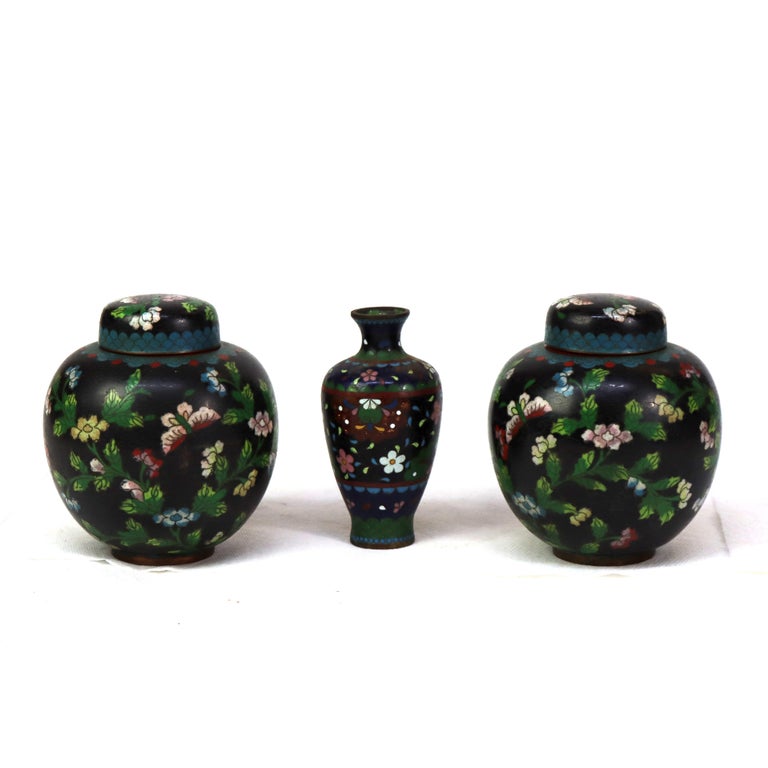 Three Antique Japanese Cloisonne: 2 Ginger Jars & 1 Vase Unsigned C1920