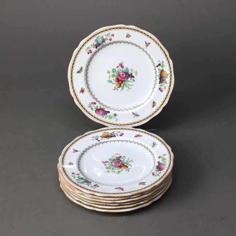 Seven Antique English Copeland Floral Hand Painted & Gilt Porcelain Plates C1890