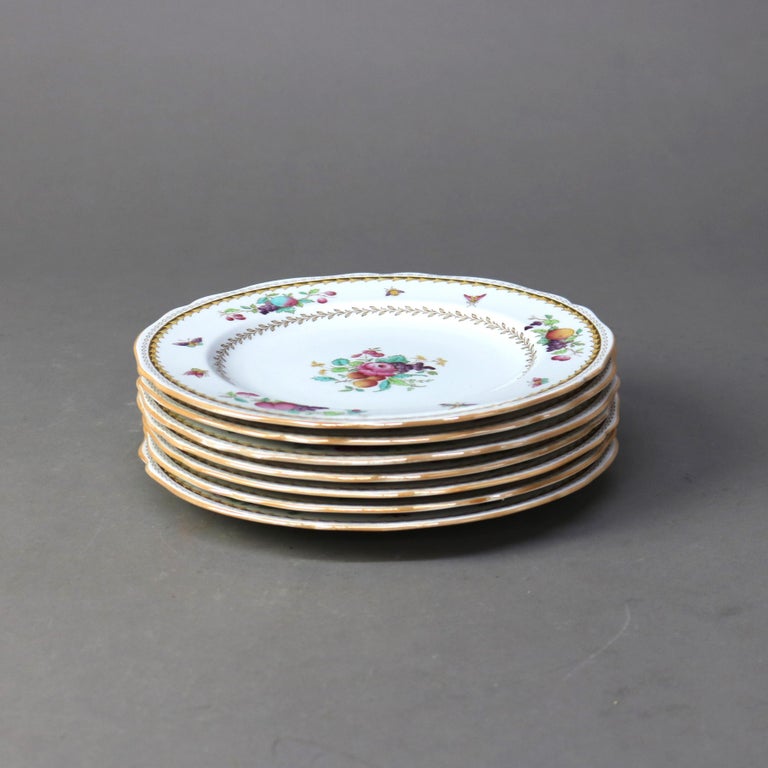 Seven Antique English Copeland Floral Hand Painted & Gilt Porcelain Plates C1890