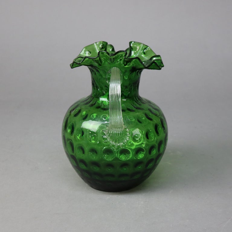 Antique Emerald Green Fluted Art Glass Water Pitcher with Coinspot Pattern C1890