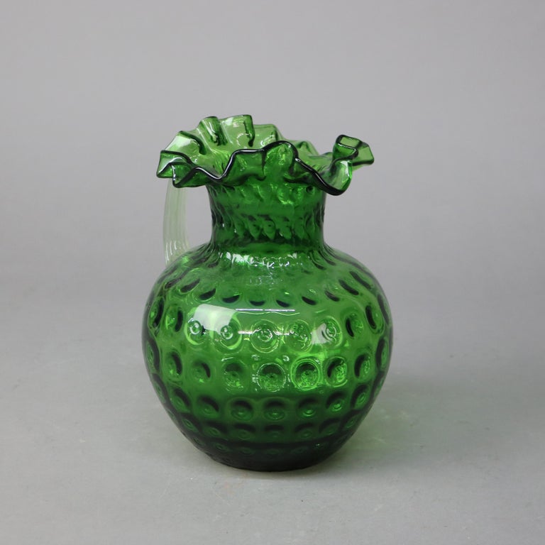 Antique Emerald Green Fluted Art Glass Water Pitcher with Coinspot Pattern C1890