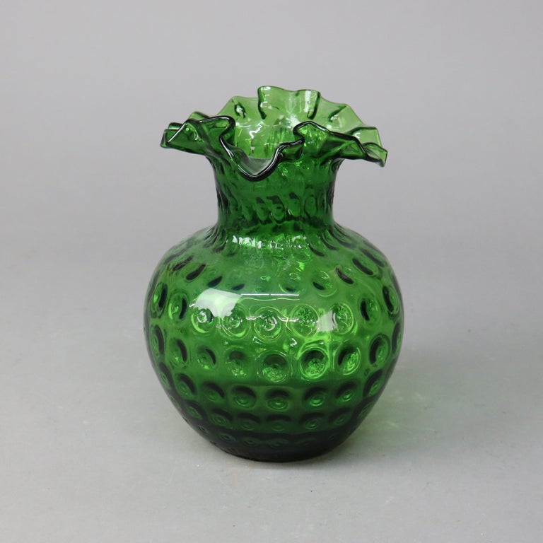 Antique Emerald Green Fluted Art Glass Water Pitcher with Coinspot Pattern C1890