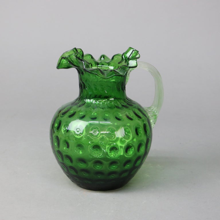 Antique Emerald Green Fluted Art Glass Water Pitcher with Coinspot Pattern C1890