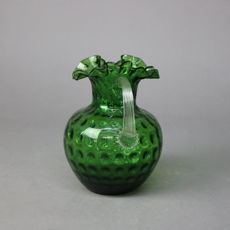 Antique Emerald Green Fluted Art Glass Water Pitcher with Coinspot Pattern C1890
