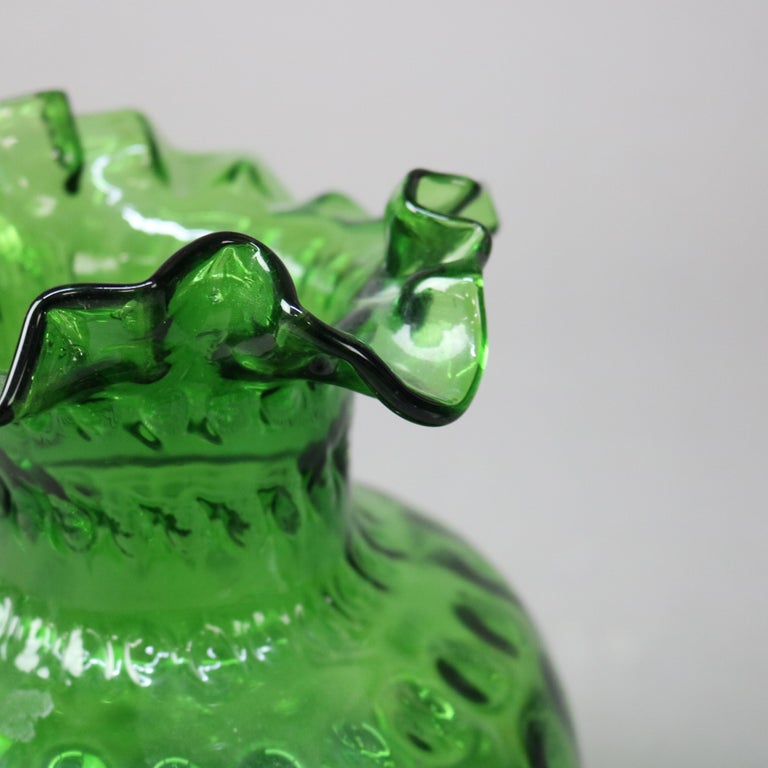 Antique Emerald Green Fluted Art Glass Water Pitcher with Coinspot Pattern C1890