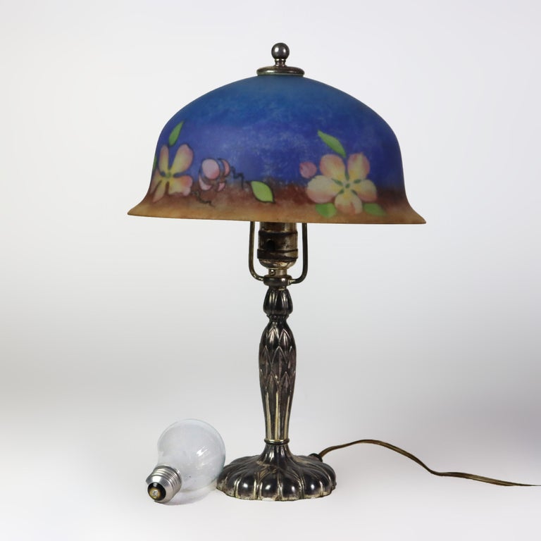 Antique Pairpoint Reverse Painted Flower & Butterfly Table Lamp Signed c1920