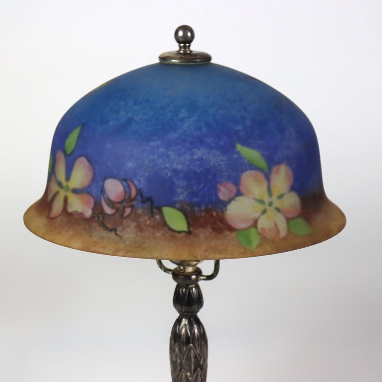 Antique Pairpoint Reverse Painted Flower & Butterfly Table Lamp Signed c1920