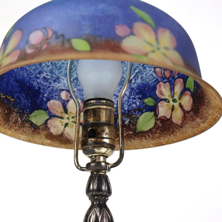 Antique Pairpoint Reverse Painted Flower & Butterfly Table Lamp Signed c1920