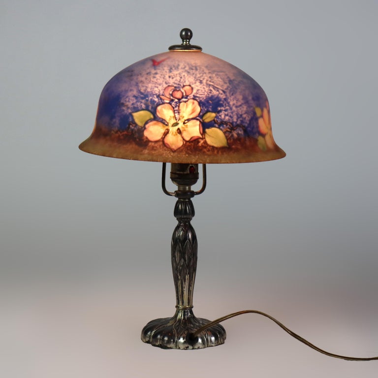 Antique Pairpoint Reverse Painted Flower & Butterfly Table Lamp Signed c1920