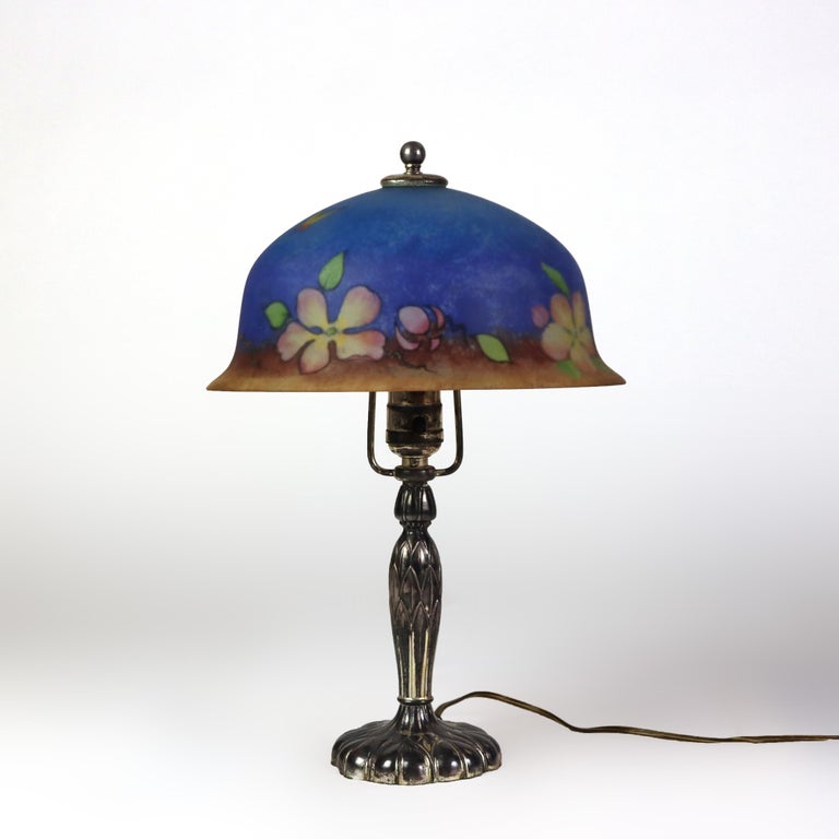 Antique Pairpoint Reverse Painted Flower & Butterfly Table Lamp Signed c1920