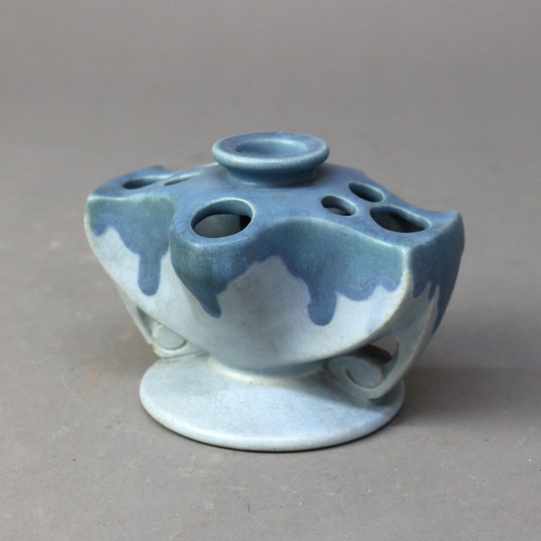 Antique Rare Roseville Art Pottery Blue Flower Frog Candlestick Holder C1920