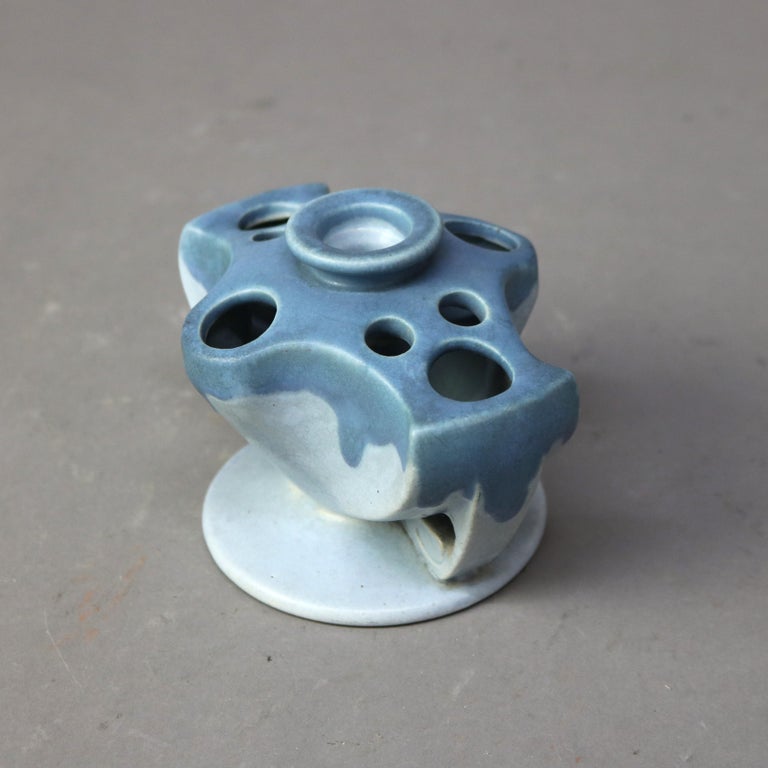 Antique Rare Roseville Art Pottery Blue Flower Frog Candlestick Holder C1920