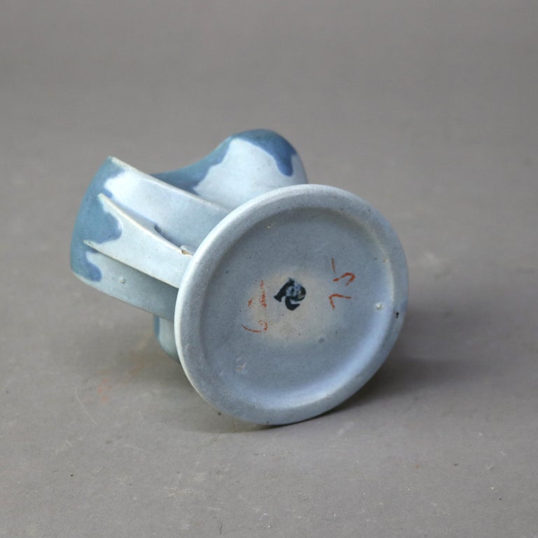 Antique Rare Roseville Art Pottery Blue Flower Frog Candlestick Holder C1920