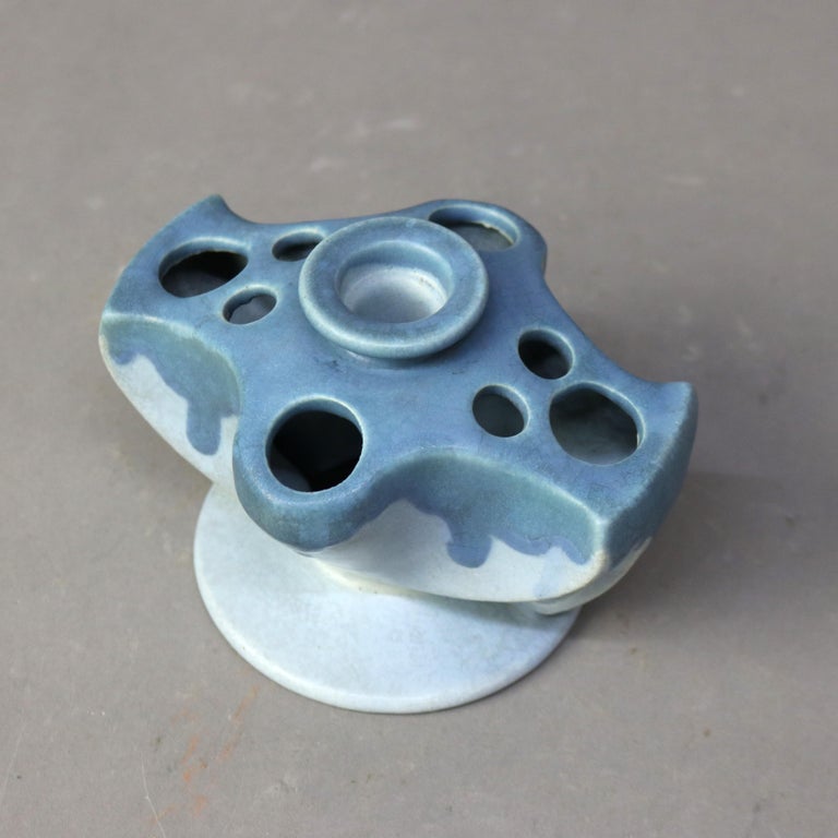 Antique Rare Roseville Art Pottery Blue Flower Frog Candlestick Holder C1920