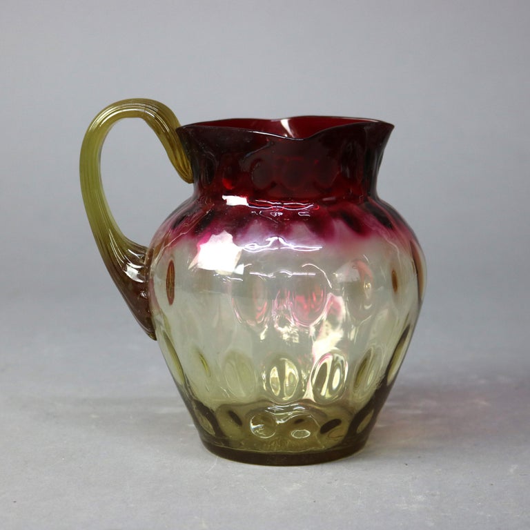 Antique Mt. Washington School Cranberry to Amber Coinspot Glass Water Pitcher