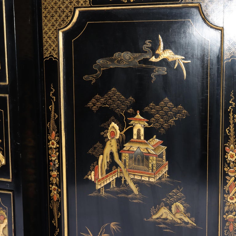 S. Hille & Co. English Ebonized & Gilt Chinoiserie Decorated Cupboard c1930