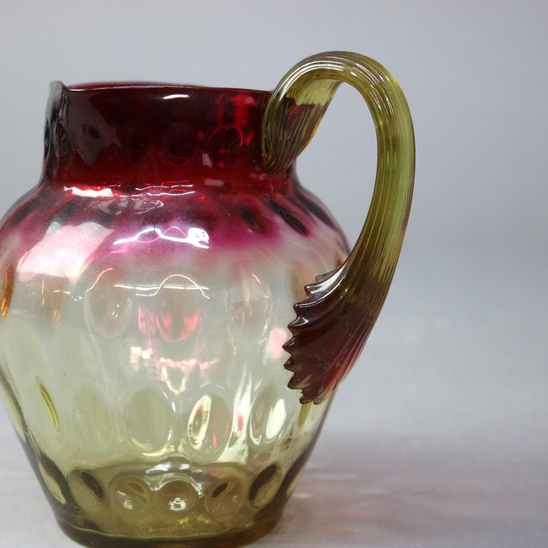 Antique Mt. Washington School Cranberry to Amber Coinspot Glass Water Pitcher