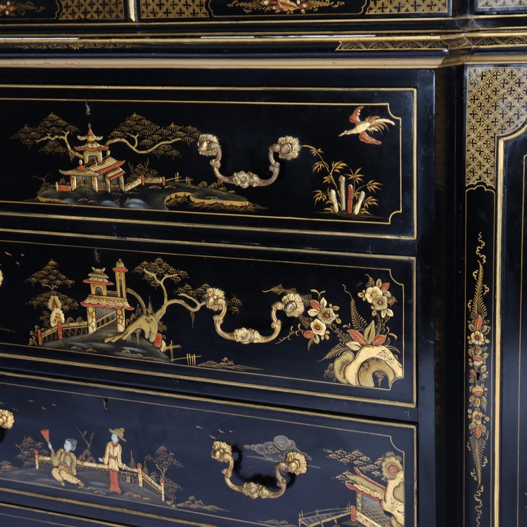 S. Hille & Co. English Ebonized & Gilt Chinoiserie Decorated Cupboard c1930