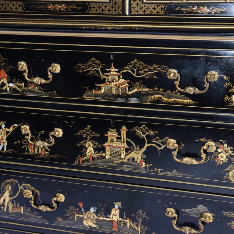 S. Hille & Co. English Ebonized & Gilt Chinoiserie Decorated Cupboard c1930