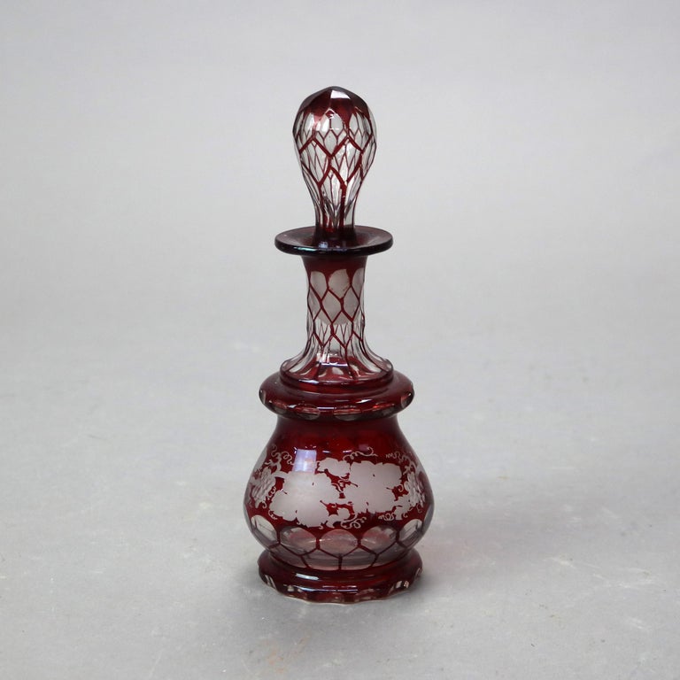 Antique Bohemian Cranberry Cut to Clear Grape & Leaf Perfume Bottle C1890