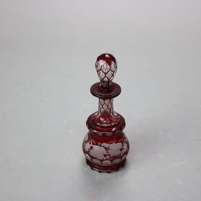 Antique Bohemian Cranberry Cut to Clear Grape & Leaf Perfume Bottle C1890