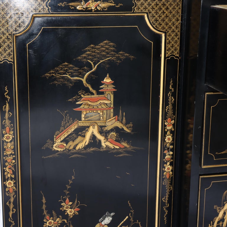 S. Hille & Co. English Ebonized & Gilt Chinoiserie Decorated Cupboard c1930