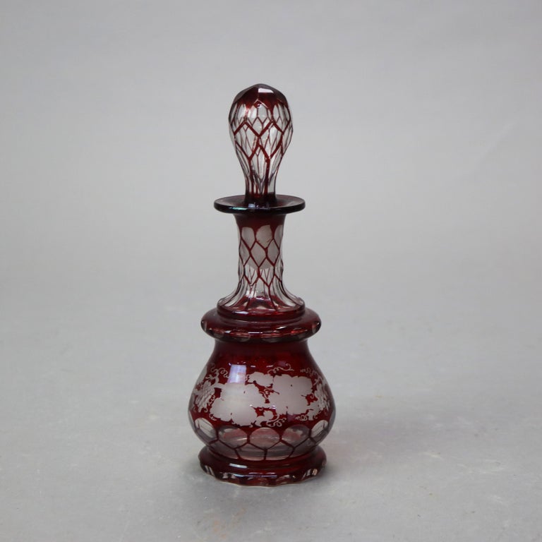Antique Bohemian Cranberry Cut to Clear Grape & Leaf Perfume Bottle C1890