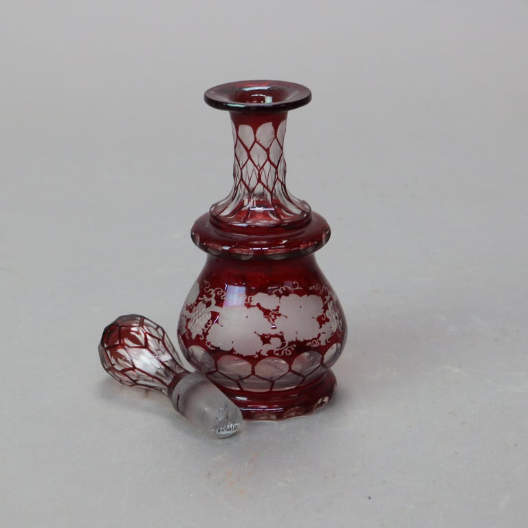 Antique Bohemian Cranberry Cut to Clear Grape & Leaf Perfume Bottle C1890