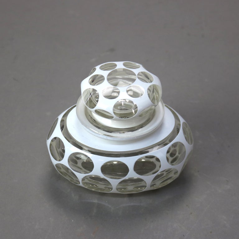 Antique Bohemian Opalescent Cut to Clear Art Glass Jar with Lid C1890