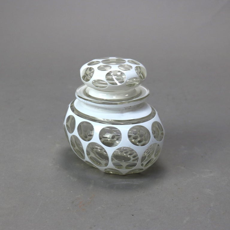 Antique Bohemian Opalescent Cut to Clear Art Glass Jar with Lid C1890