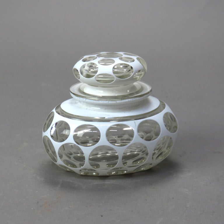 Antique Bohemian Opalescent Cut to Clear Art Glass Jar with Lid C1890