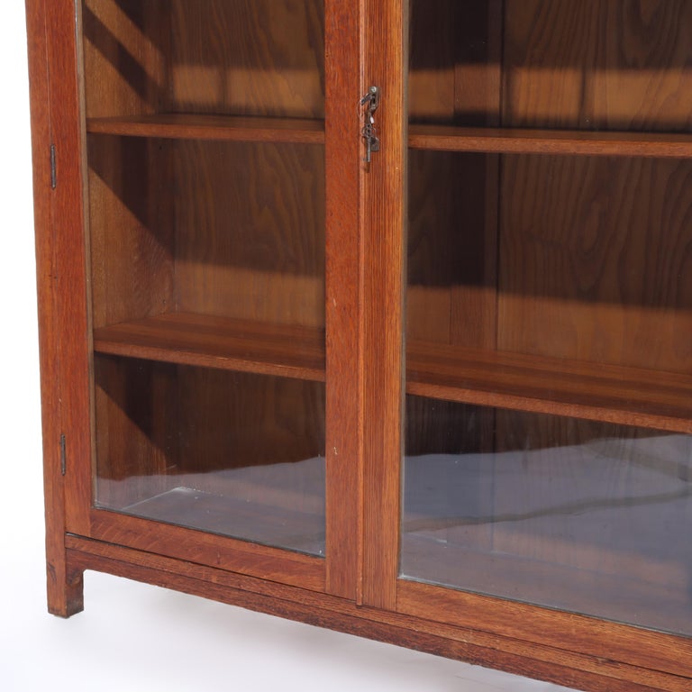Antique Stickley School Oak 2 Door Bookcase With Leaded Glass c1920